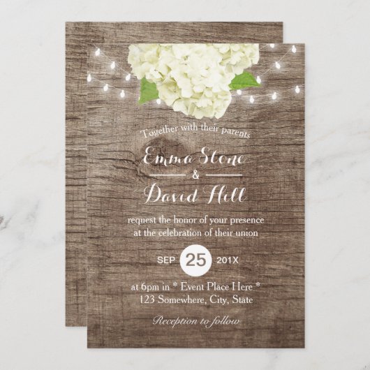 Rustikale Hydrangea & String Lights Barn Wood Wedd Einladung (Vorne/Hinten)