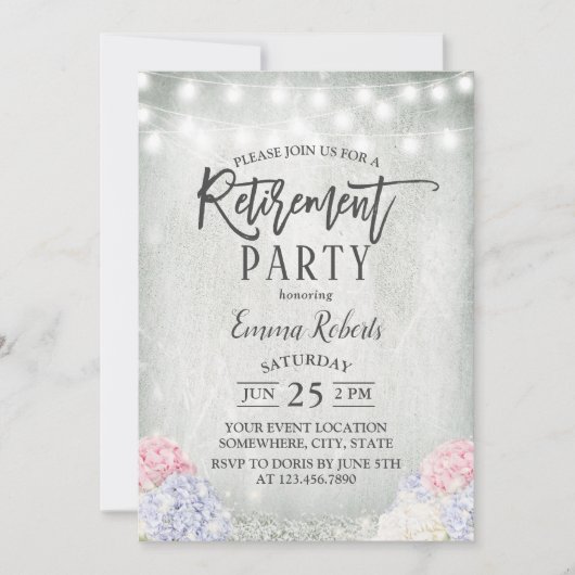 Rustikale Hydrangeas florale String Lights Retirem Einladung (Vorderseite)