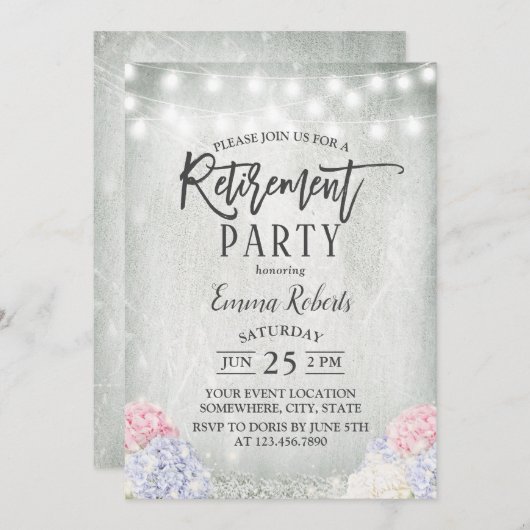 Rustikale Hydrangeas florale String Lights Retirem Einladung (Vorne/Hinten)