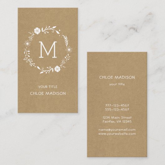 Rustikale Imitat Kraft Blumenzauber Monogramm Visitenkarte (Vorne/Hinten)