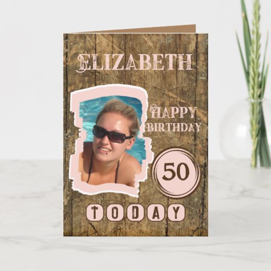Rustikale Imitate aus Holz braun rosa 50. Geburtst Karte (Vorderseite)