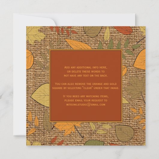 Rustikale IMITATE Burlap & Herbstleaves Einladung (Rückseite)