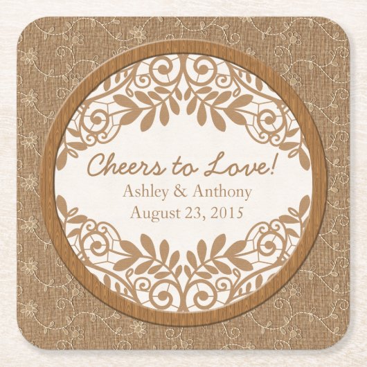 Rustikale Imitate Burlap Lace Wood Wedding Persona Rechteckiger Pappuntersetzer (Vorderseite)