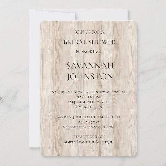 Rustikale Imitate Cream White Wood Brautparty Einladung (Vorderseite)