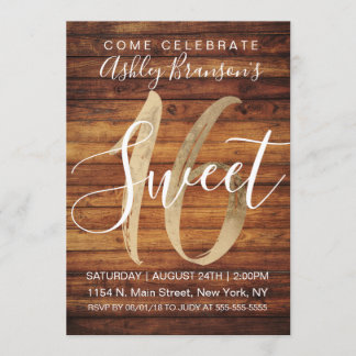 Rustikale Imitate Gold Foil Wood Sweet 16 Einladung