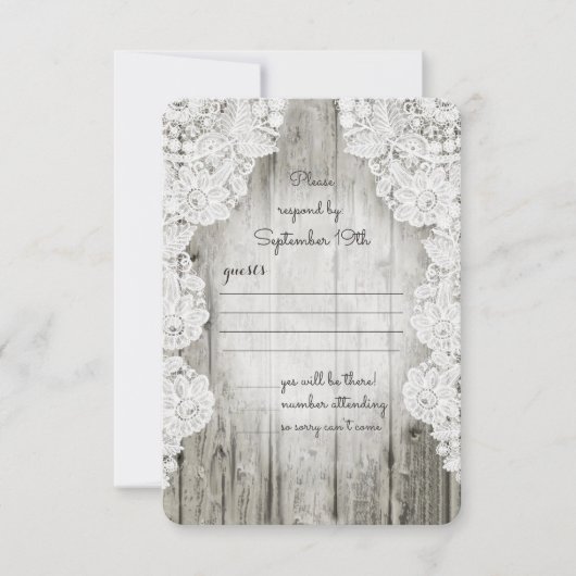 Rustikale Imitate Lace Barn Wood Wedding RSVP Karte (Vorderseite)