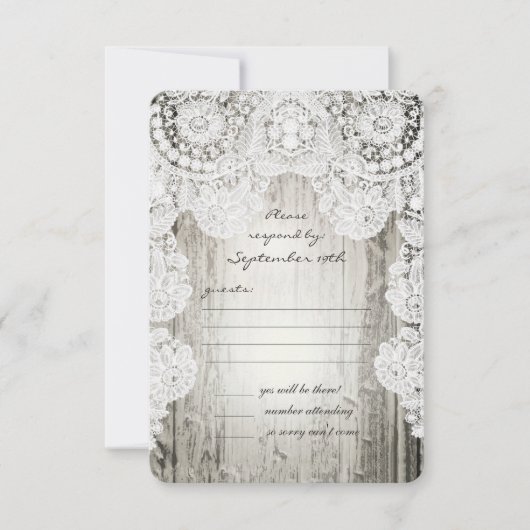 Rustikale Imitate Lace Barn Wood Wedding RSVP Karte (Vorderseite)