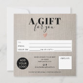 Rustikale Imitate Leinen-Quadrat-Geschenkgutschein (Vorderseite)