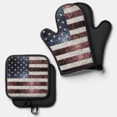Rustikale Imitate unter der Flagge der USA funkeln Ofenhandschuh & Topflappen-Set (Vorderseite/Rückseite)