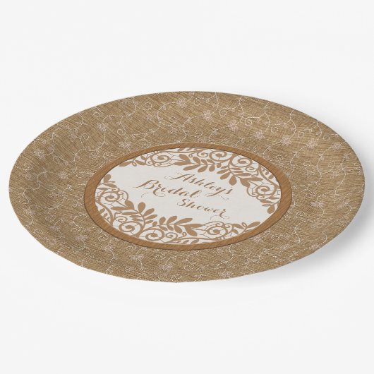 Rustikale Imitats Burlap Lace Wood Wedding Brautpa Pappteller (Schrägansicht)