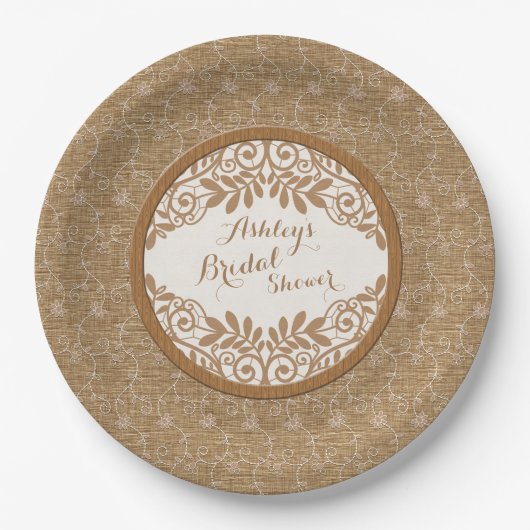 Rustikale Imitats Burlap Lace Wood Wedding Brautpa Pappteller (Vorderseite)