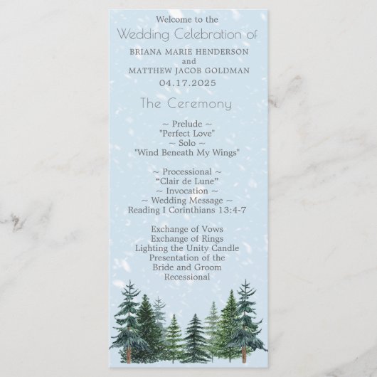 Rustikale Immergrüne Winterkiefern-Hochzeit Programm (Vorderseite)