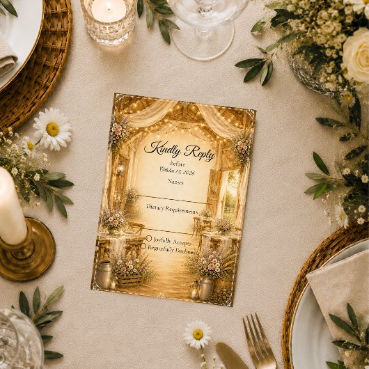 Rustikale Indoor-Scheunenhochzeit RSVP Karte