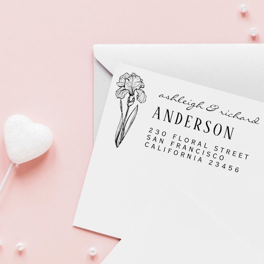 Rustikale Iris Blume Individuelle Name Rücksendead Gummistempel