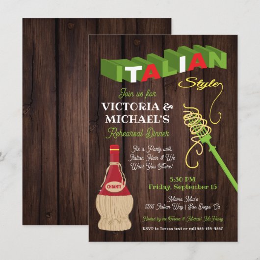 Rustikale italienische Probe Abendessen Einladung (Vorne/Hinten)