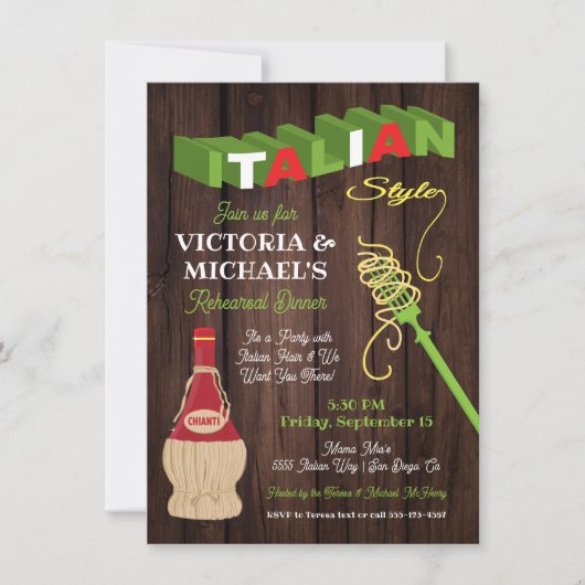 Rustikale italienische Probe Abendessen Einladung (Vorderseite)