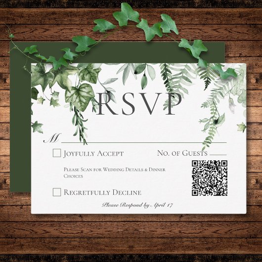 Rustikale Ivy & Sage Greenerity Green Wedding QR C RSVP Karte