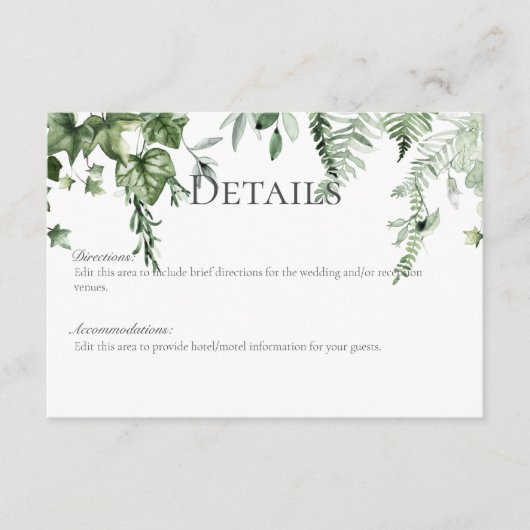 Rustikale Ivy & Sage Grüne Hochzeit Details Begleitkarte (Vorderseite)