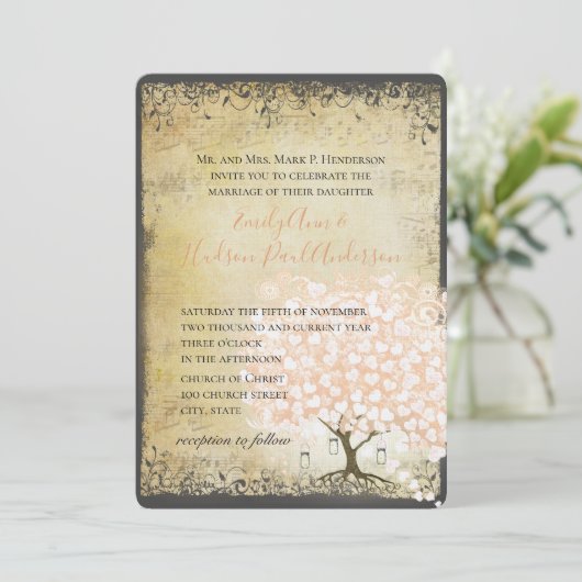 Rustikale Jahrtausendrosa Heart Leaf Tree Wedding Einladung (Stehend Vorderseite)