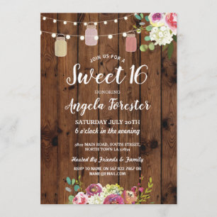 Rustikale Jars Sweet 16 Party Wood Floral Lights Einladung