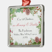 Rustikale Junge Mutter & Vater 1. Weihnachtsstein Ornament Aus Metall (Links)