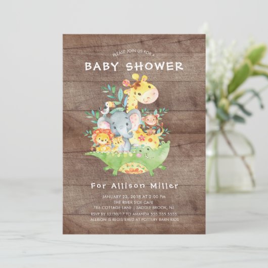 Rustikale Jungle Animals Kinderdusche Einladungen (Stehend Vorderseite)