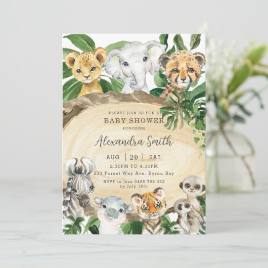 Rustikale Jungle Animals Wood Greenery Baby Dusche Einladung (Stehend Vorderseite)