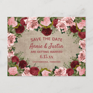 Rustikale Jute Burgunderrosa Florale Save-the-Date Postkarte