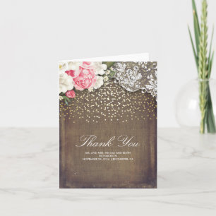 Rustikale Jute Gold Konfetti Spitze und Blumen Dankeskarte