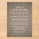 Rustikale Jute-Hochzeit Acryleinladungen (Vorderseite)