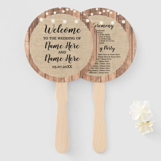 Rustikale Jute-Holz-Lichter Hochzeitsprogramm-Fäch Fächer (Vorne und Hinten)