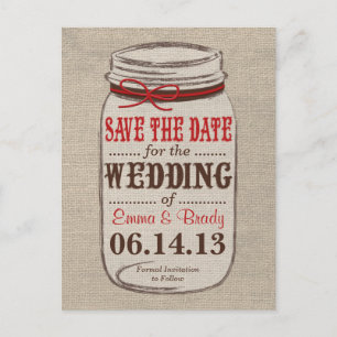Rustikale Jute & Mason-Glas-Save-the-Date-Postkart Ankündigungspostkarte