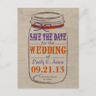 Rustikale Jute & Mason-Glas-Save-the-Date-Postkart Ankündigungspostkarte