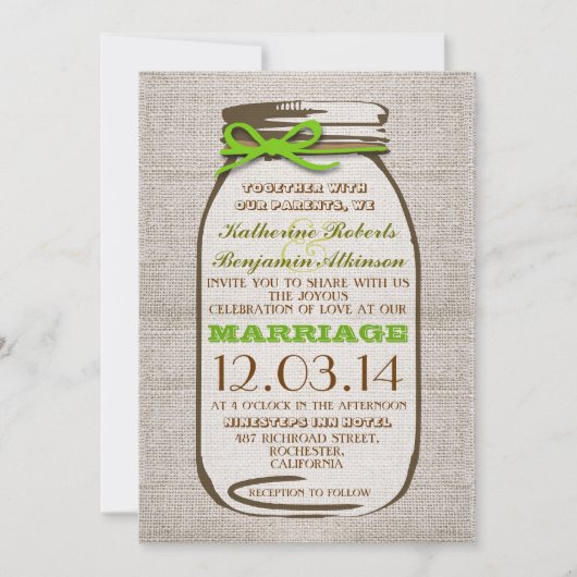 Rustikale Jute-Mason-Jar-Hochzeit Einladung (Vorderseite)