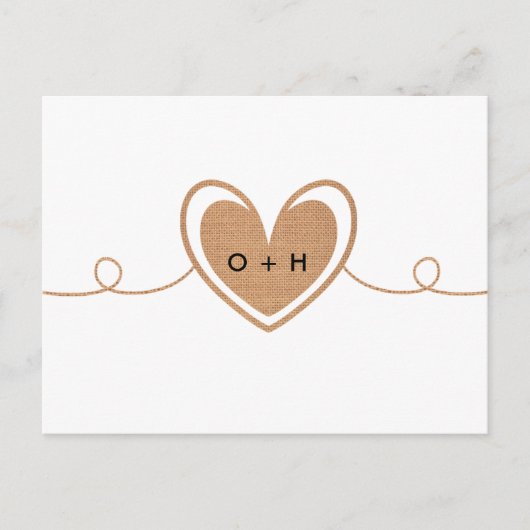 Rustikale Jute-Monogramm-Herz-RSVP-Postkarte Postkarte (Vorderseite)