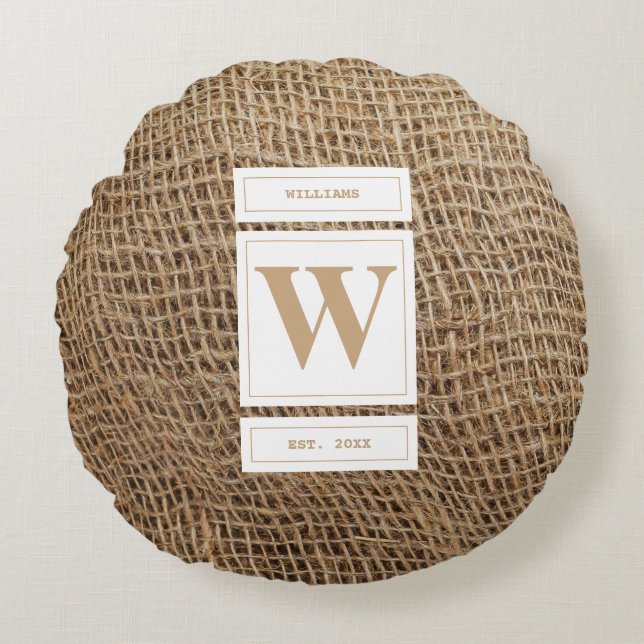 Rustikale Jute-Monogramm-Initiale Rundes Kissen (Vorderseite)