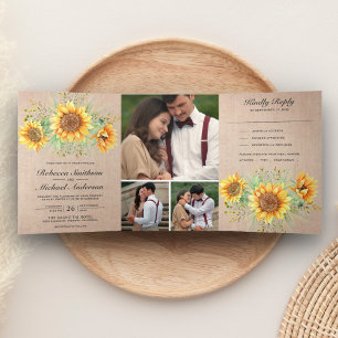Rustikale Jute-Sonnenblumen-Foto-Collage-Hochzeit Dreifach Gefaltete Einladung