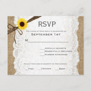 Rustikale Jute-, Sonnenblumen- und Spitzen-Hochzei RSVP Karte
