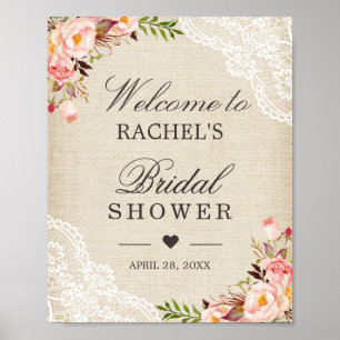 Rustikale Jute-Spitze-Blumen-Hochzeitsdusche-Schil Poster