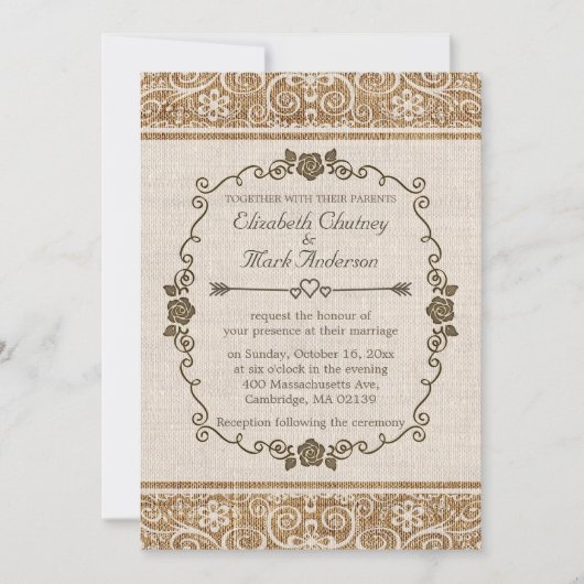 Rustikale Jute-Spitze Hochzeit Einladung (Vorderseite)