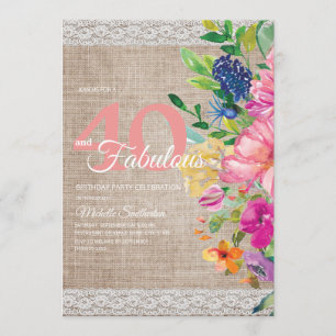 Rustikale Jute-Spitze Rosa Blau Floral 40. Geburts Einladung
