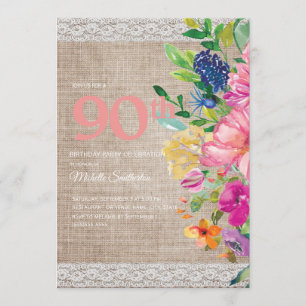 Rustikale Jute-Spitze Rosa Blau Floral 90. Geburts Einladung