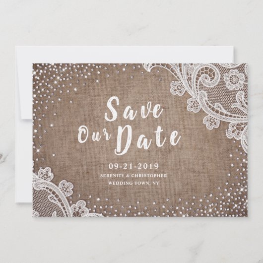 Rustikale Jute-Spitze Silber-Glitter Save-the-Date Save The Date (Vorderseite)