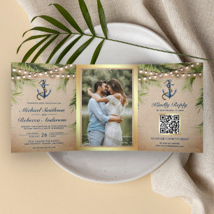 Rustikale Jute-Tropenpalmen-Anker-QR-Code-Hochzeit Dreifach Gefaltete Einladung