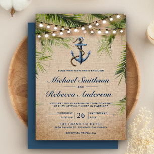 Rustikale Jute-Tropenpalmenblätter-Anker-Hochzeit Einladung