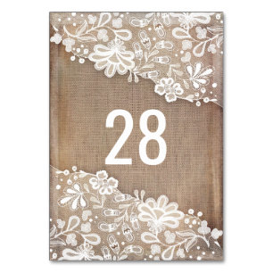 Rustikale Jute und Vintage-Spitze Alte Hochzeit Tischnummer