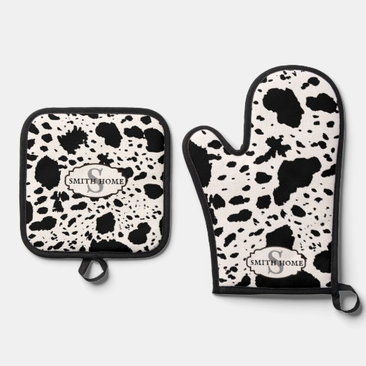 Rustikale Kabine Cowhide Print Cosy Bauernhof Ofenhandschuh & Topflappen-Set (Vorderseite)