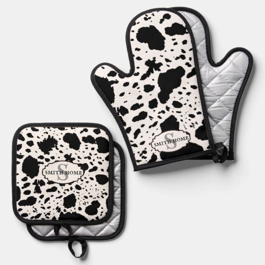Rustikale Kabine Cowhide Print Cosy Bauernhof Ofenhandschuh & Topflappen-Set (Vorderseite/Rückseite)