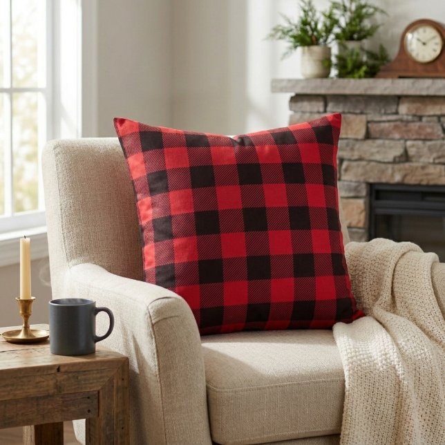 Rustikale Kabine Rot und Black Buffalo Kariert Kissen (Rustic Cabin Red and Black Buffalo Plaid Throw Pillow)