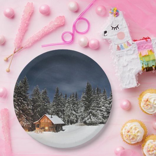 Rustikale Kabine Schnee Winter Pappteller (Party)